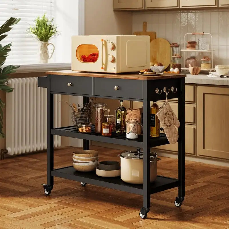 Rolling Kitchen Island Cart with 2 Drawers and Open Shelves