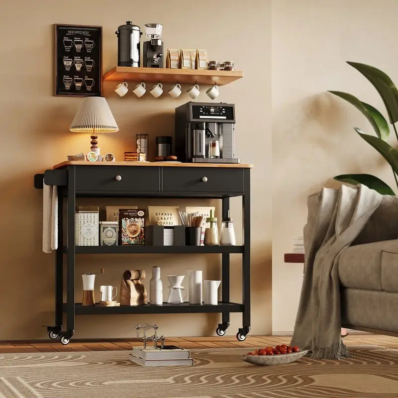 Rolling Kitchen Island Cart with 2 Drawers and Open Shelves