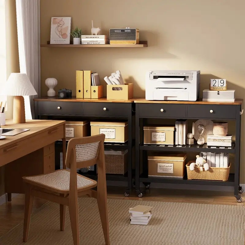 Rolling Kitchen Island Cart with 2 Drawers and Open Shelves