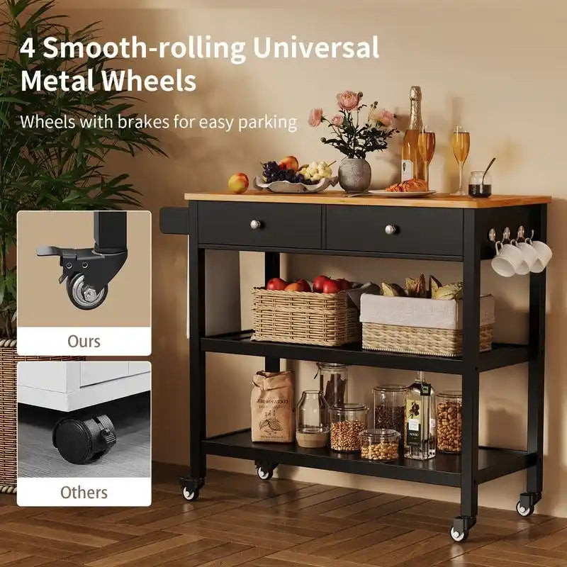 Rolling Kitchen Island Cart with 2 Drawers and Open Shelves