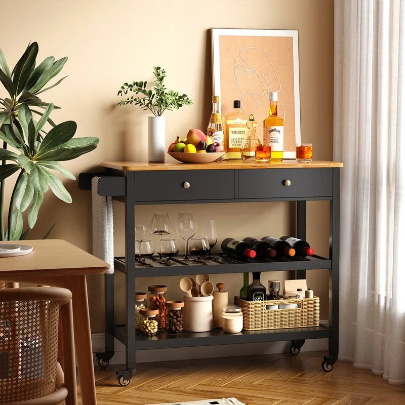 Rolling Kitchen Island Cart with 2 Drawers and Open Shelves