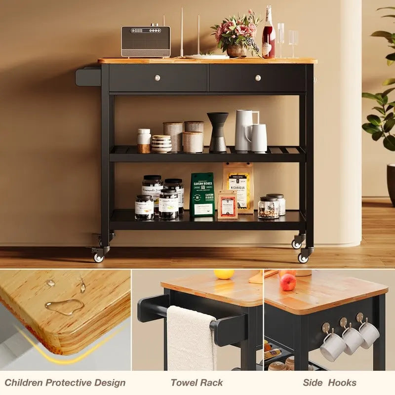 Rolling Kitchen Island Cart with 2 Drawers and Open Shelves