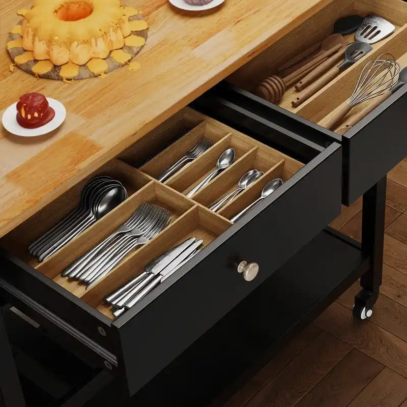 Rolling Kitchen Island Cart with 2 Drawers and Open Shelves