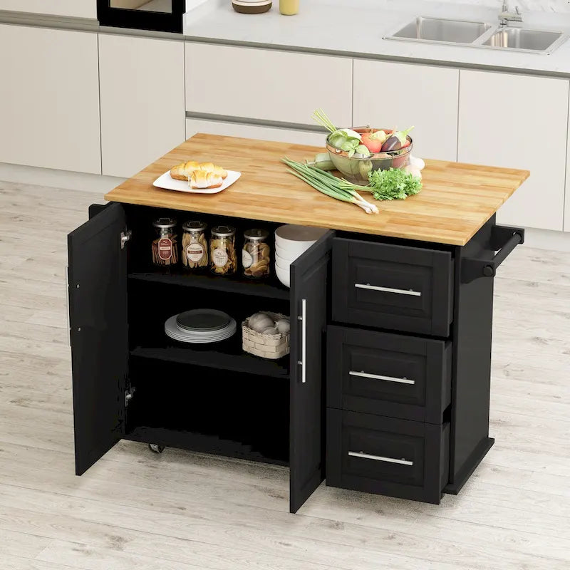 Rolling Kitchen Island with Folding Top and 3 Drawers