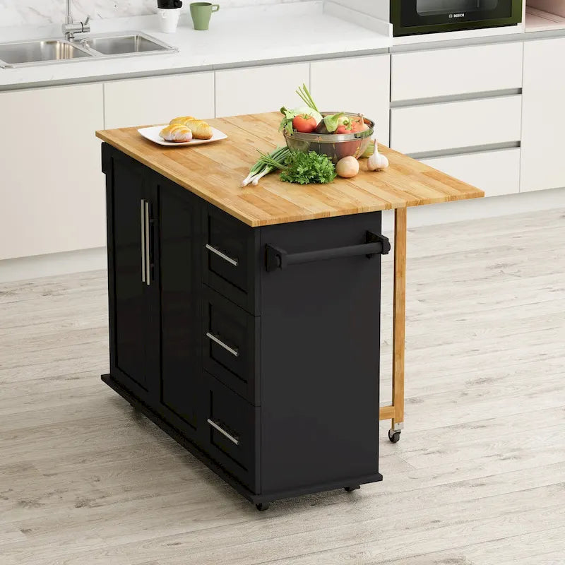 Rolling Kitchen Island with Folding Top and 3 Drawers