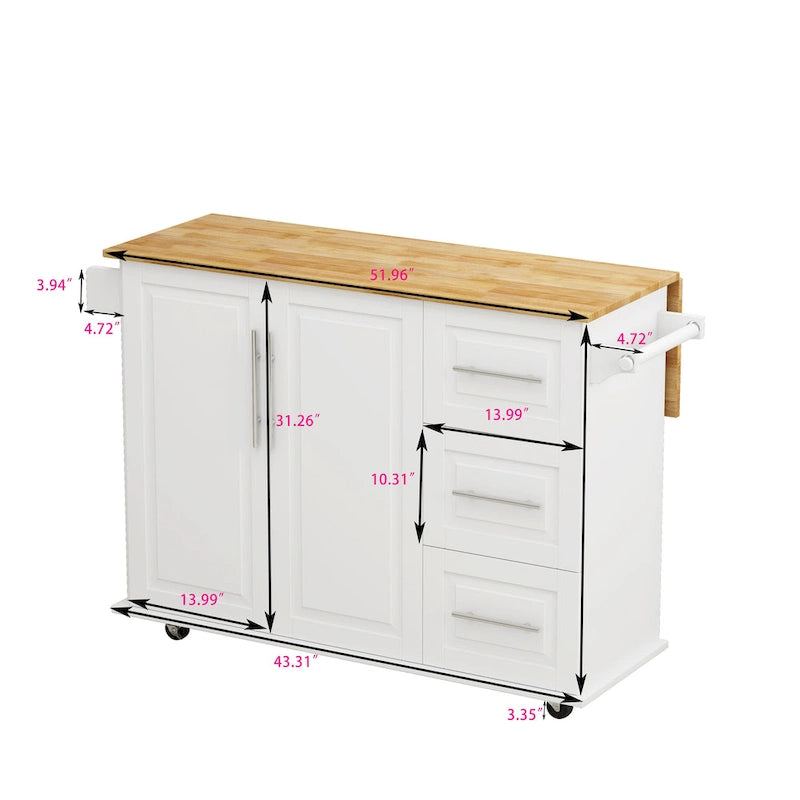Rolling Kitchen Island with Folding Top and 3 Drawers