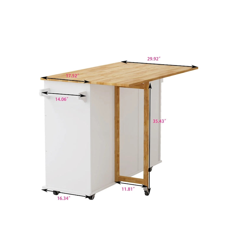 Rolling Kitchen Island with Folding Top and 3 Drawers
