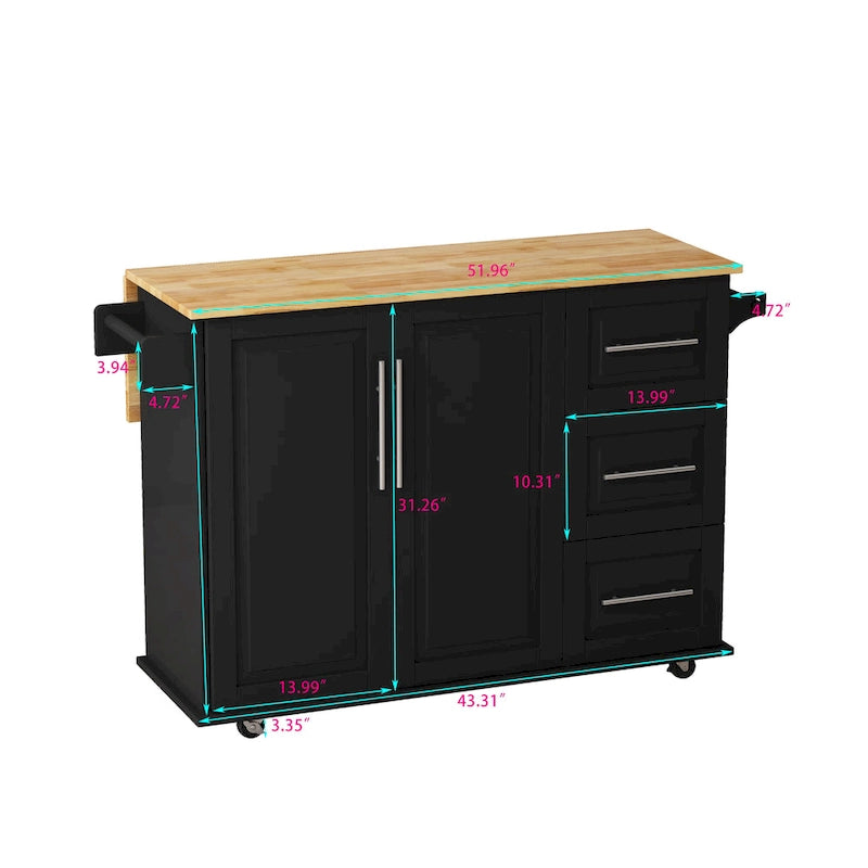 Rolling Kitchen Island with Folding Top and 3 Drawers