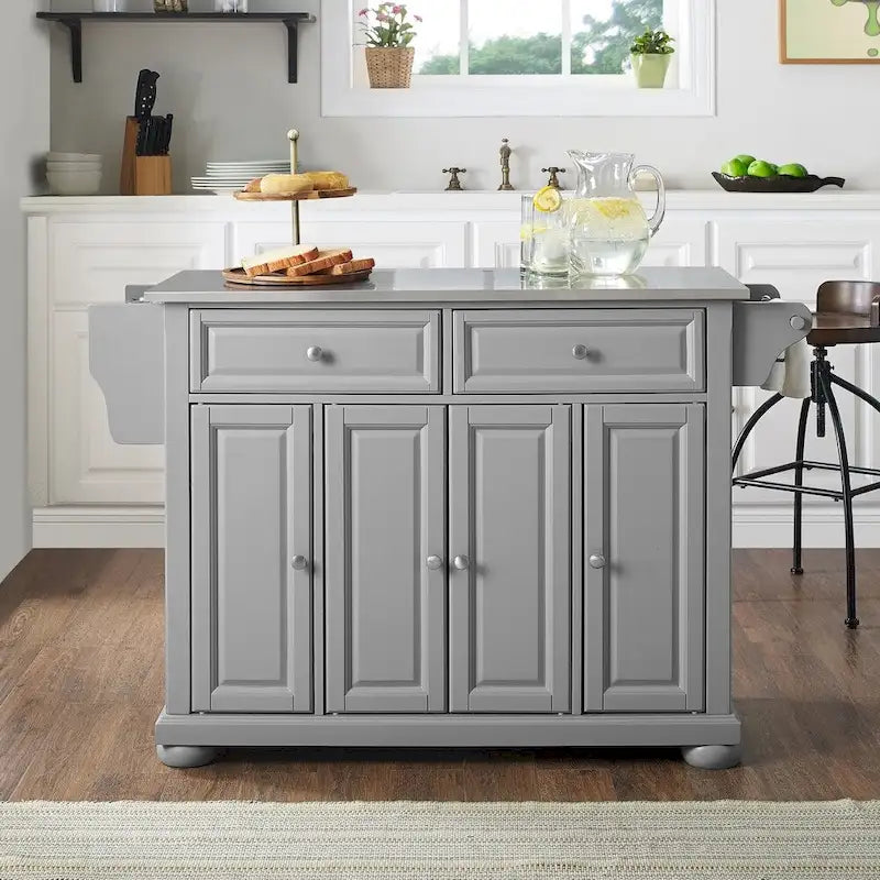 Gray Kitchen Island with Stainless Steel Top - 51.5 W x 18 D x 36 H