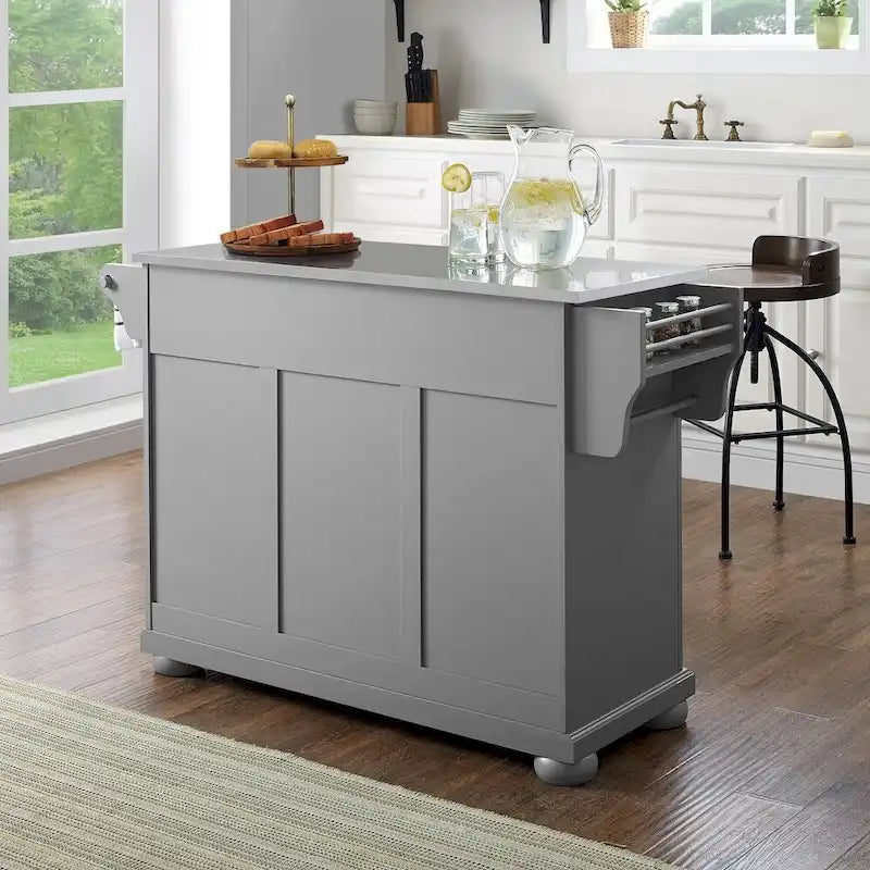 Gray Kitchen Island with Stainless Steel Top - 51.5 W x 18 D x 36 H
