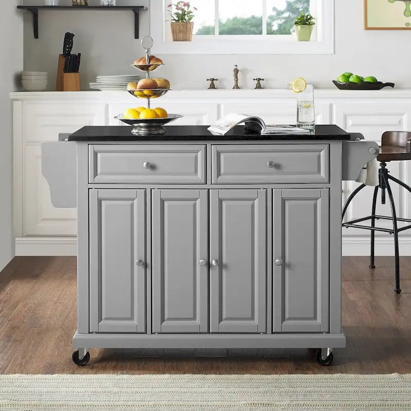 Gray Kitchen Cart with Black Granite Top - 51.5 x 18 x 34 in
