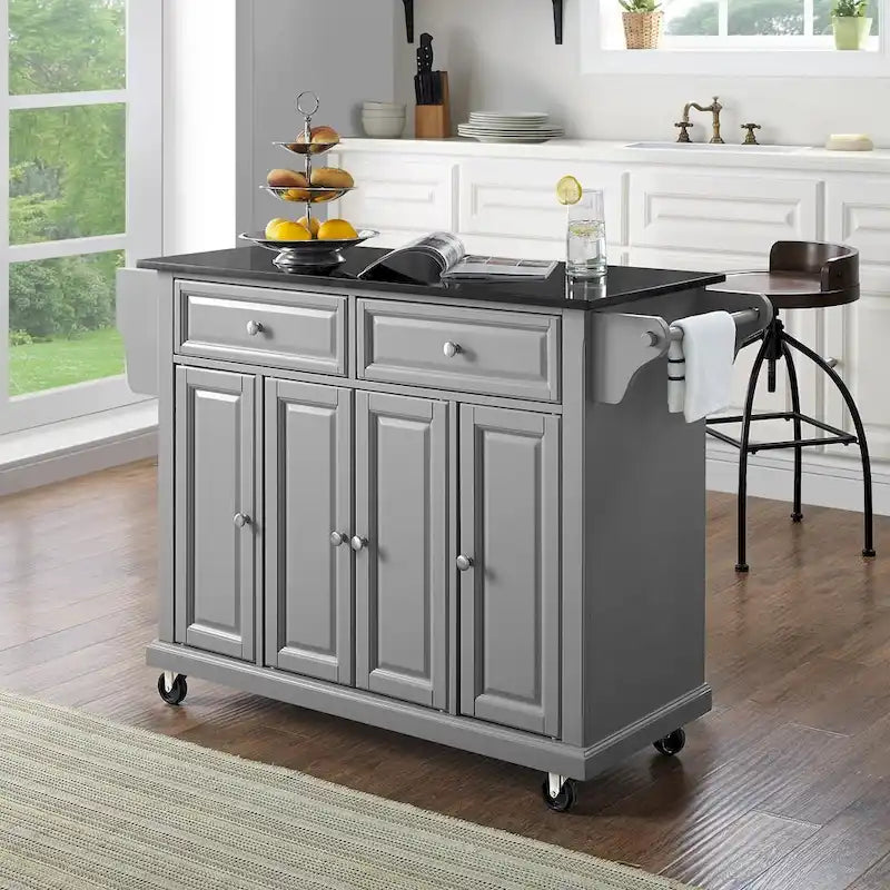 Gray Kitchen Cart with Black Granite Top - 51.5 x 18 x 34 in