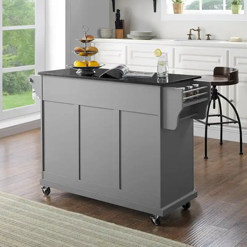 Gray Kitchen Cart with Black Granite Top - 51.5 x 18 x 34 in