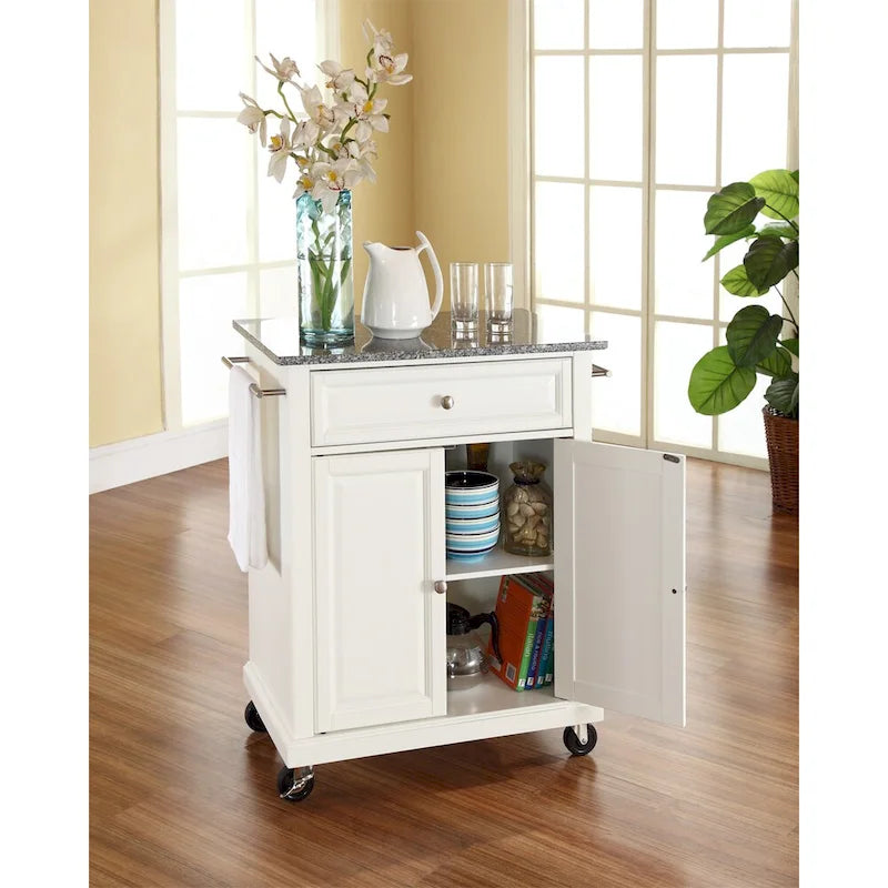 White Kitchen Cart with Granite Top and Storage