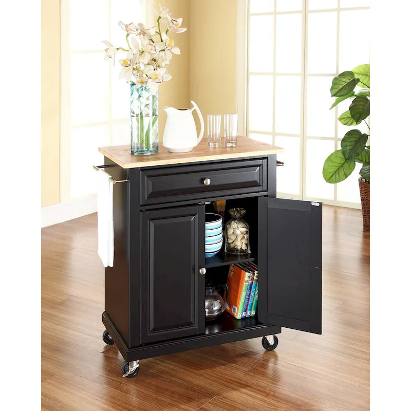 Black Rolling Kitchen Cart with Natural Wood Top - 31 x 18 x 35.5 in