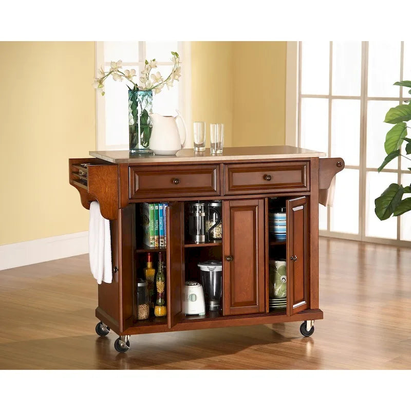 Cherry Finish Kitchen Cart with Stainless Steel Top - 51.5 W x 18 D x 36 H