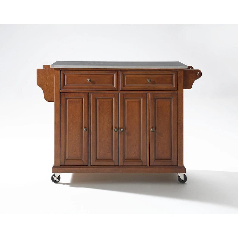 Cherry Finish Kitchen Cart with Stainless Steel Top - 51.5 W x 18 D x 36 H