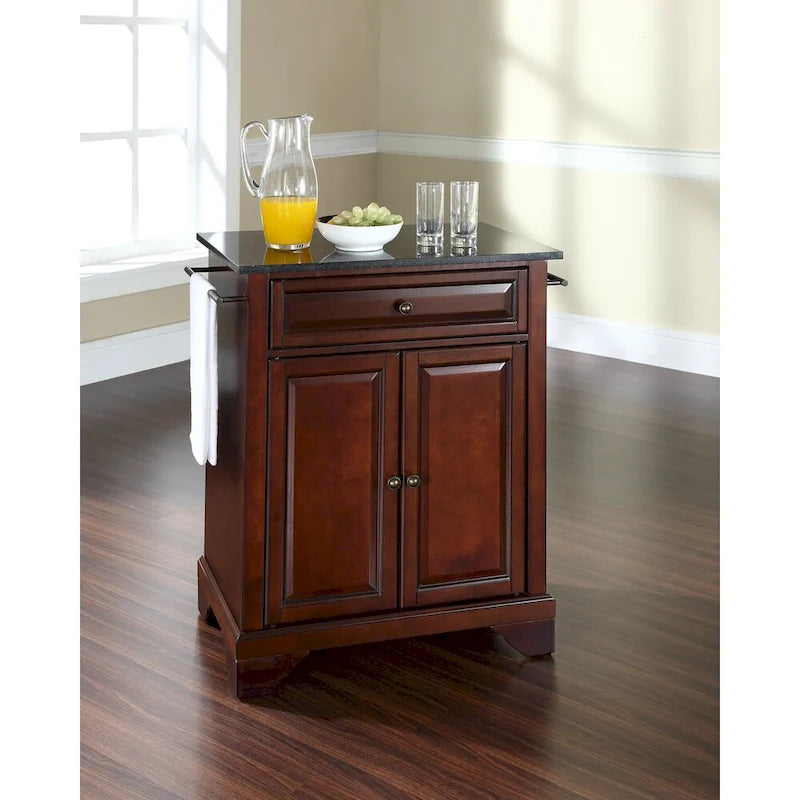 Portable Kitchen Island with Black Granite Top in Mahogany