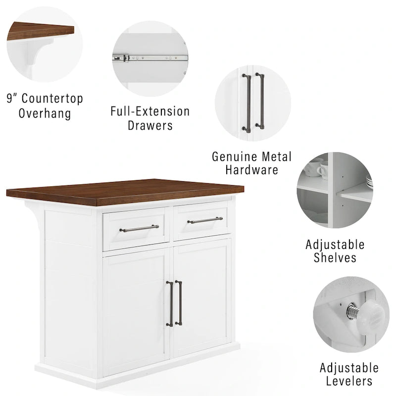 White Wood Top Kitchen Island with Storage - 27 D x 42 W x 36 H