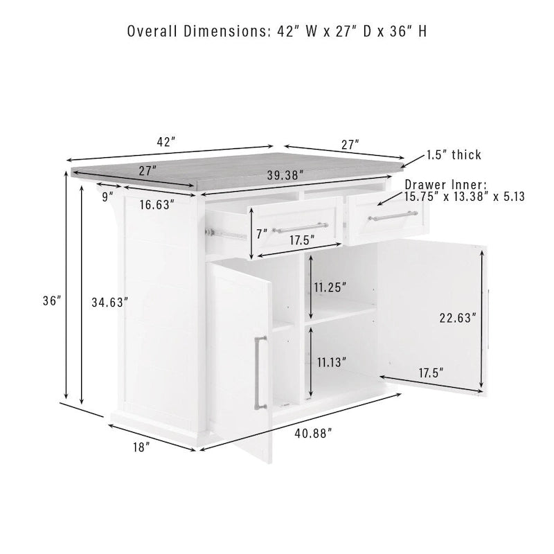 White Wood Top Kitchen Island with Storage - 27 D x 42 W x 36 H