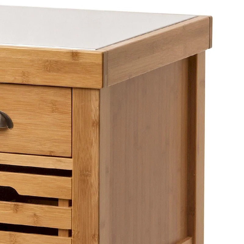 Bamboo Kitchen Cart with Stainless Steel Top and 2 Drawers, Brown