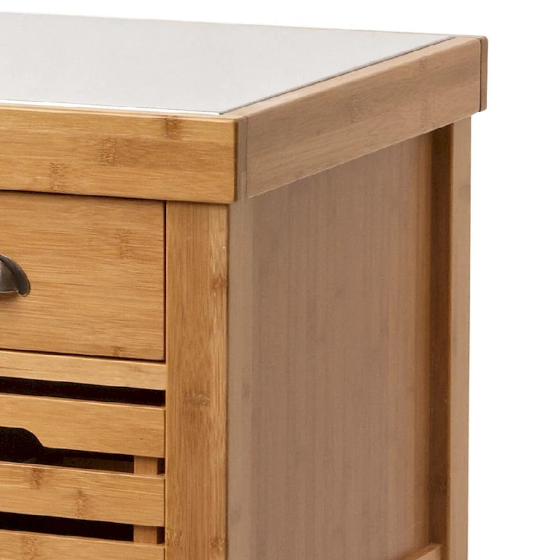 Bamboo Kitchen Cart with Stainless Steel Top and 2 Drawers, Brown