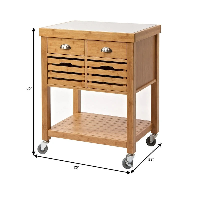 Bamboo Kitchen Cart with Stainless Steel Top and 2 Drawers, Brown