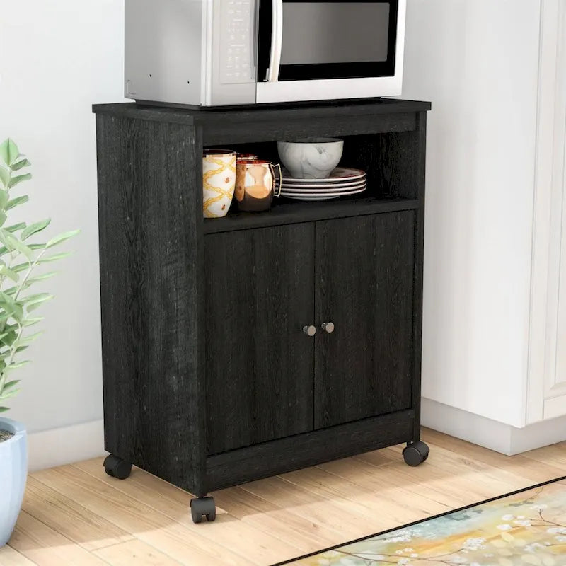 Black Rolling Kitchen Microwave Cart with Cabinet