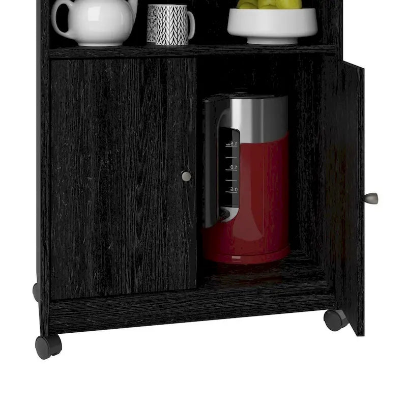 Black Rolling Kitchen Microwave Cart with Cabinet