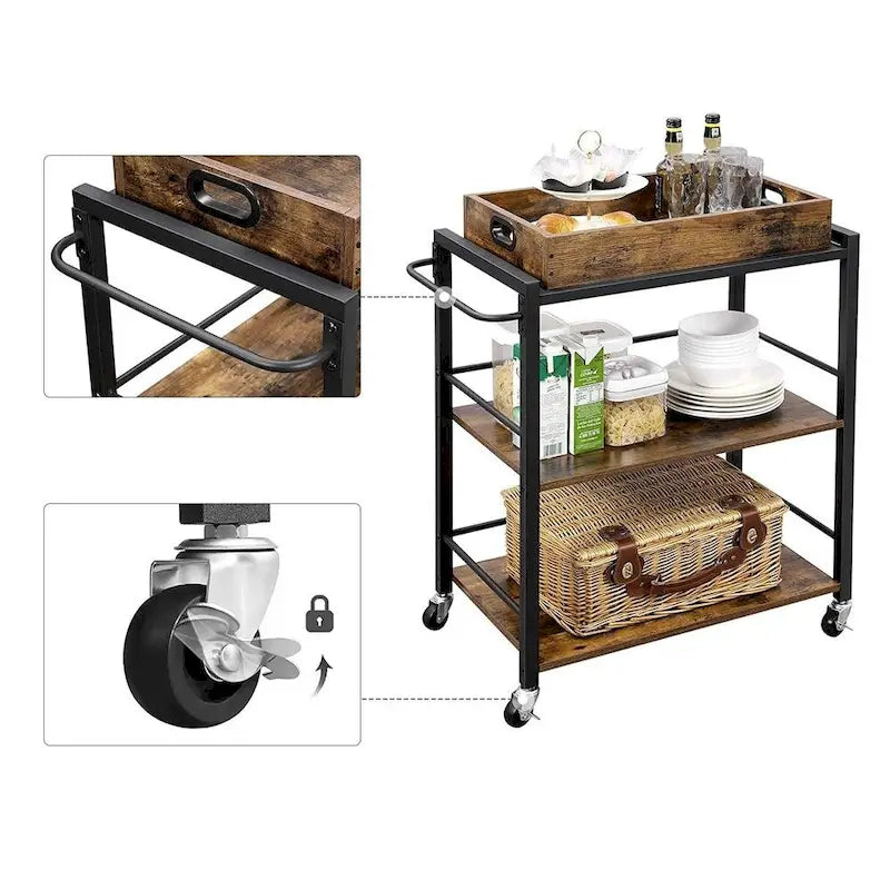 3-Tier Industrial Bar Cart with Removable Tray