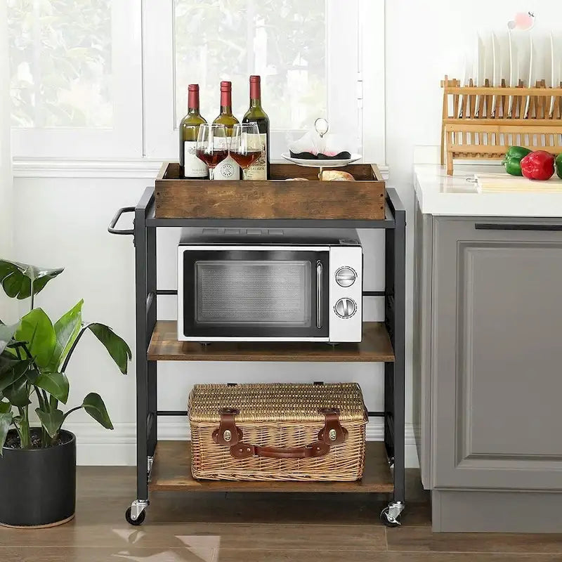 3-Tier Industrial Bar Cart with Removable Tray