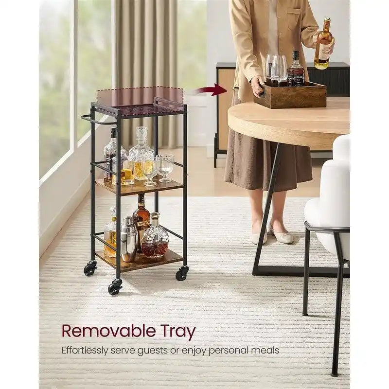3-Tier Industrial Bar Cart with Removable Tray