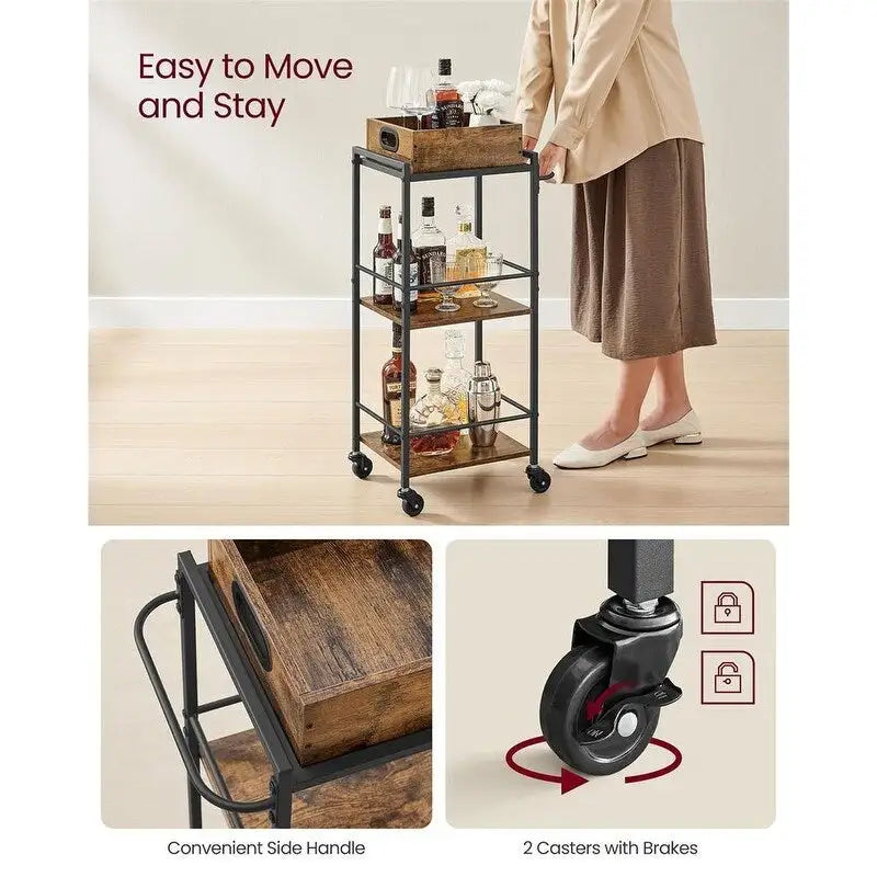 3-Tier Industrial Bar Cart with Removable Tray