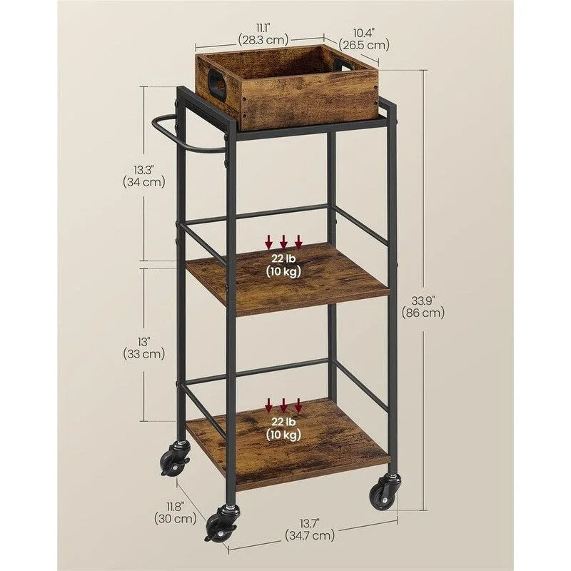 3-Tier Industrial Bar Cart with Removable Tray