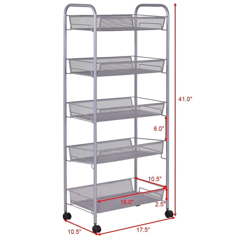 5-Tier Steel Storage Cart with Swivel Wheels