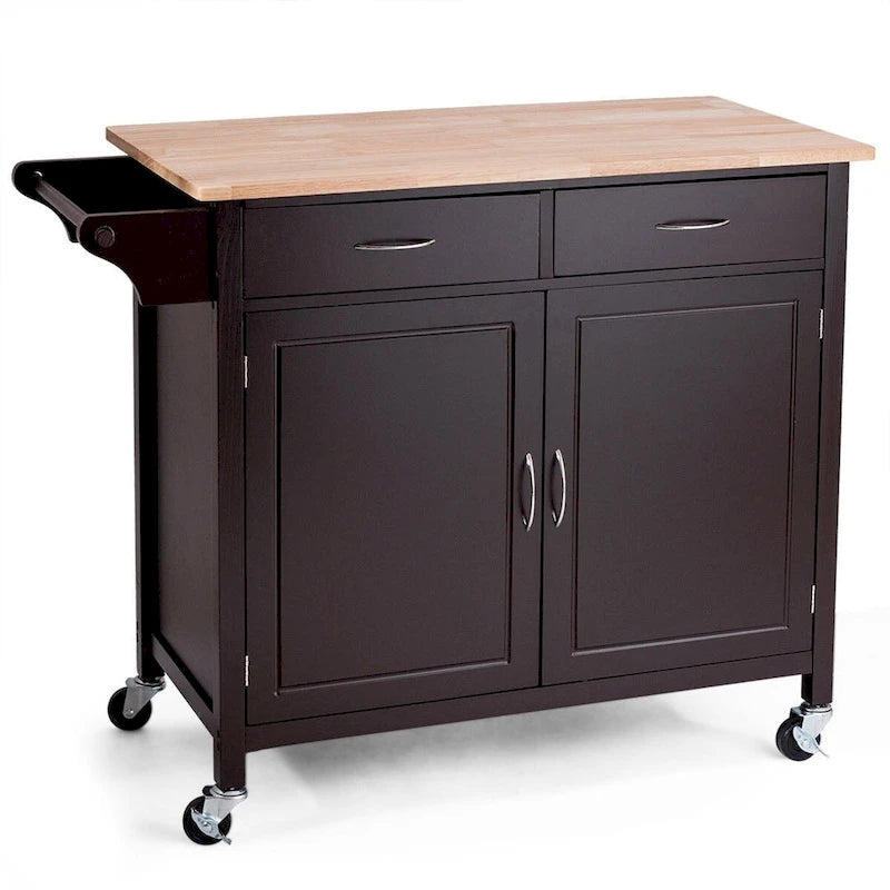 Brown Kitchen Island Cart with Wood Top and Storage