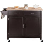 Îlot de cuisine roulant marron avec plateau en bois et rangement