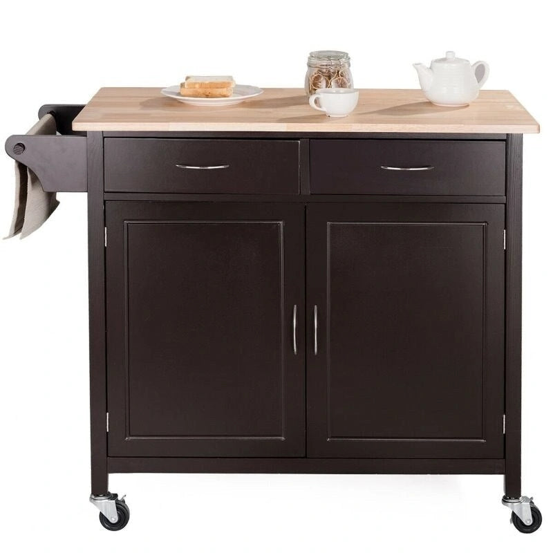 Brown Kitchen Island Cart with Wood Top and Storage