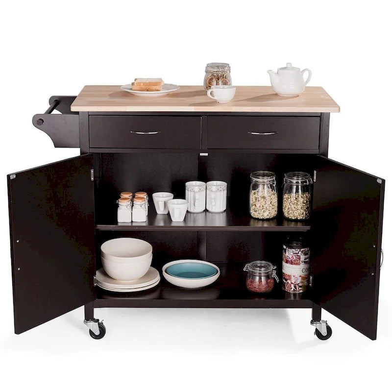 Brown Kitchen Island Cart with Wood Top and Storage