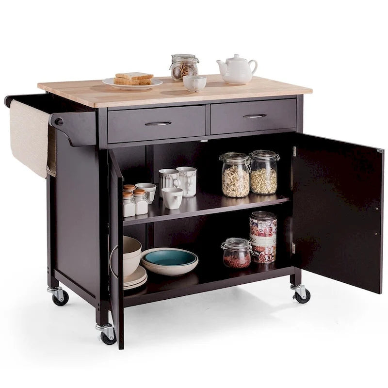 Brown Kitchen Island Cart with Wood Top and Storage