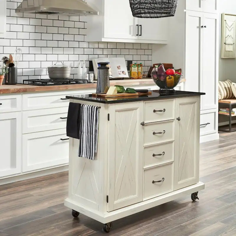 Off-White Wood Kitchen Cart with Black Granite Top