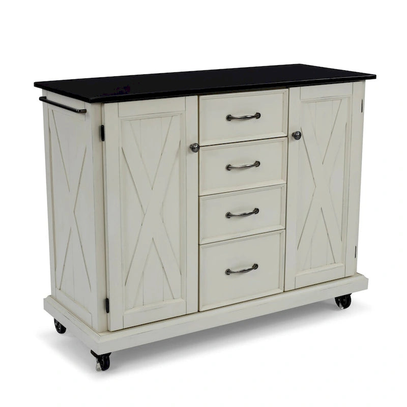 Off-White Wood Kitchen Cart with Black Granite Top