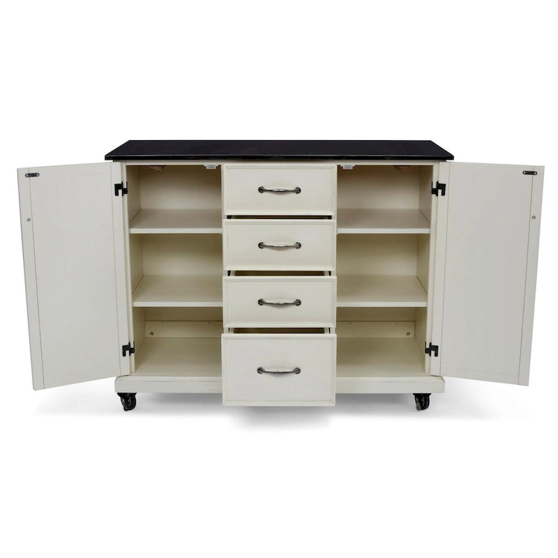 Off-White Wood Kitchen Cart with Black Granite Top