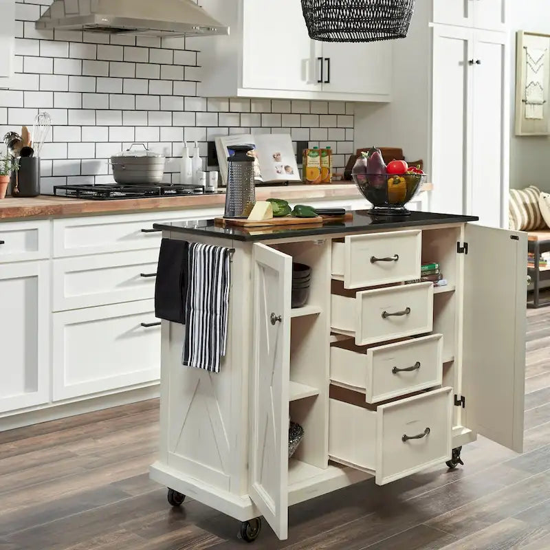 Off-White Wood Kitchen Cart with Black Granite Top