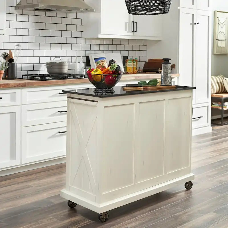 Off-White Wood Kitchen Cart with Black Granite Top
