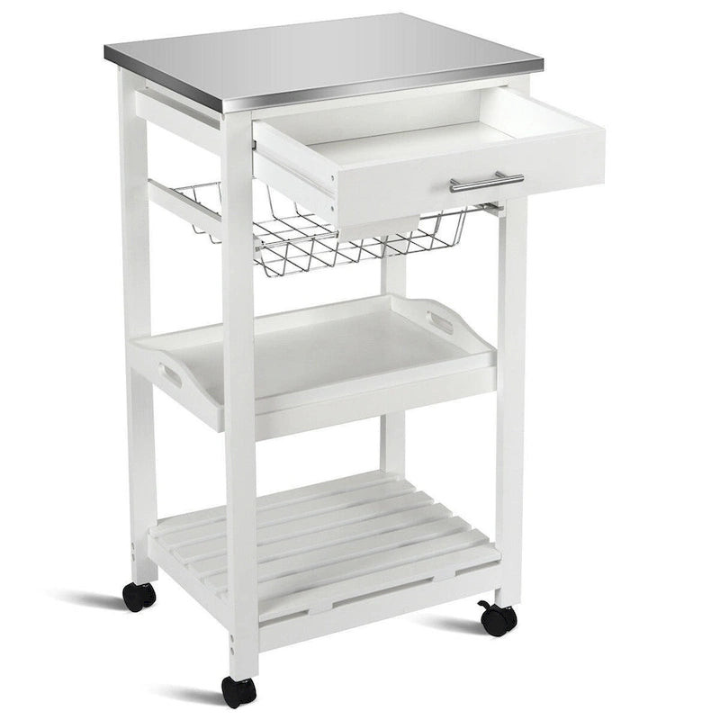 White Kitchen Cart with Storage Drawer and Stainless Steel Top - 18.5 x 14.5 x 33 ( L x W x H )