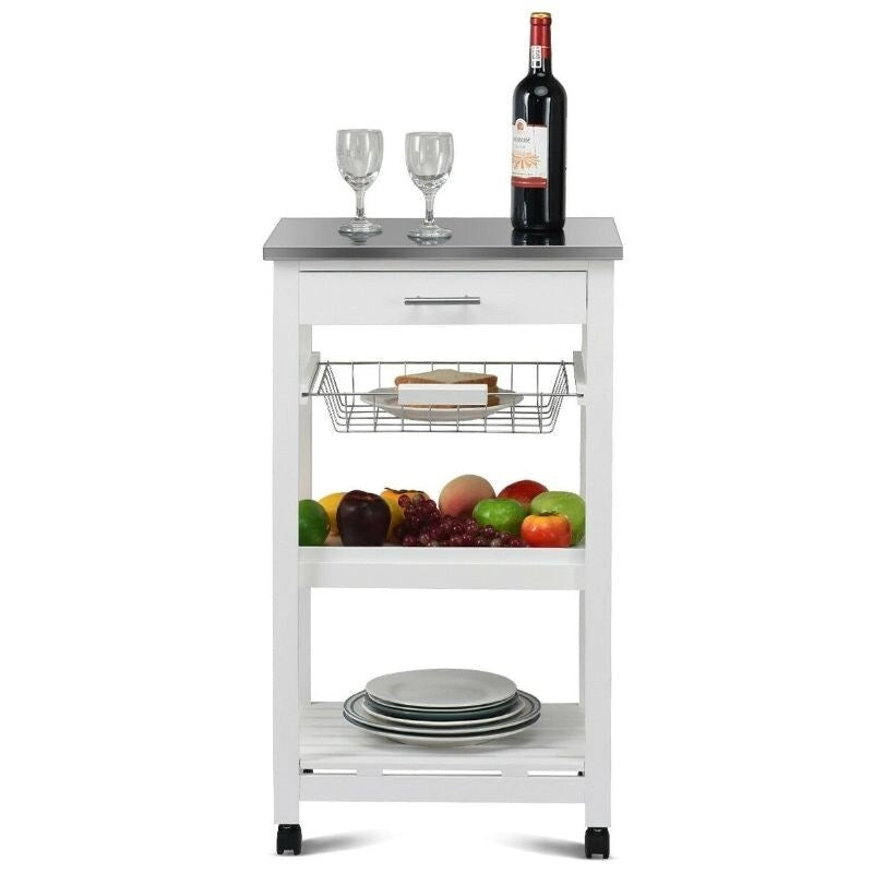 White Rolling Kitchen Cart with Drawer and Stainless Steel Top