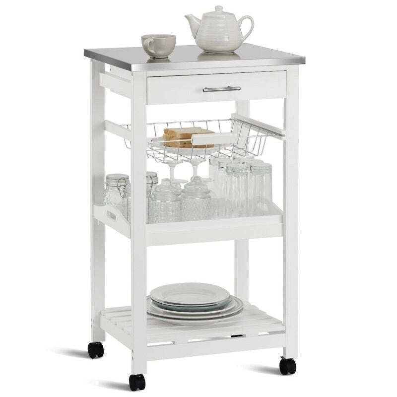 White Rolling Kitchen Cart with Drawer and Stainless Steel Top