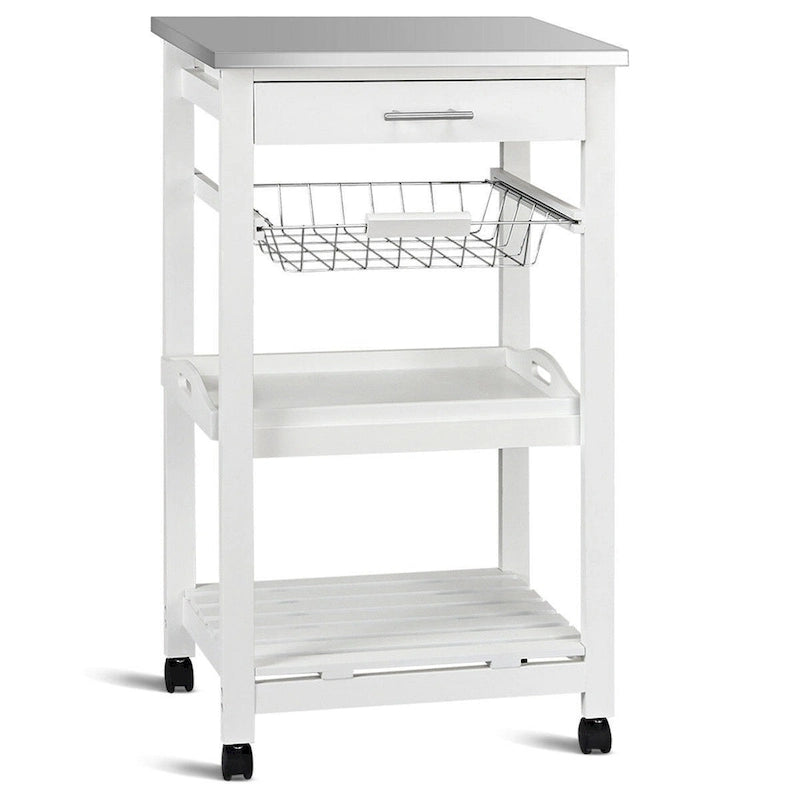 White Rolling Kitchen Cart with Drawer and Stainless Steel Top