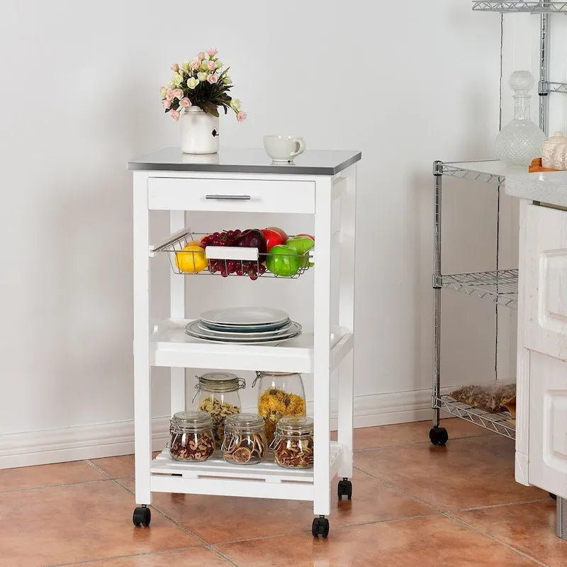 White Rolling Kitchen Cart with Drawer and Stainless Steel Top